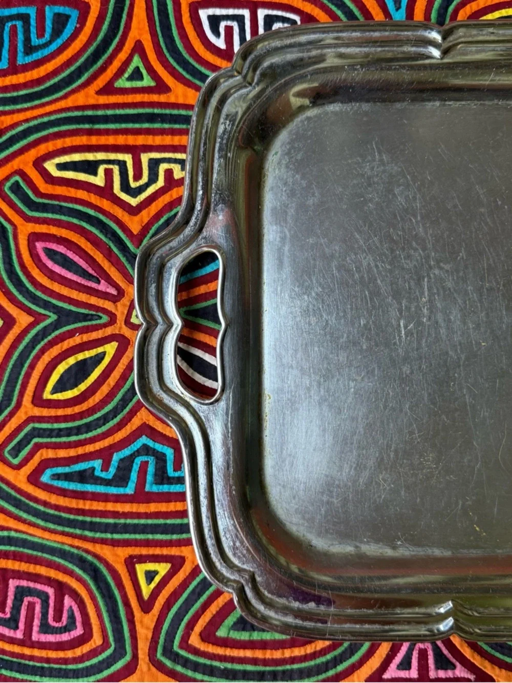 Vintage Silver Tone‎ Metal Serving Tray Ornate Handles Rectangle Vanity Tray